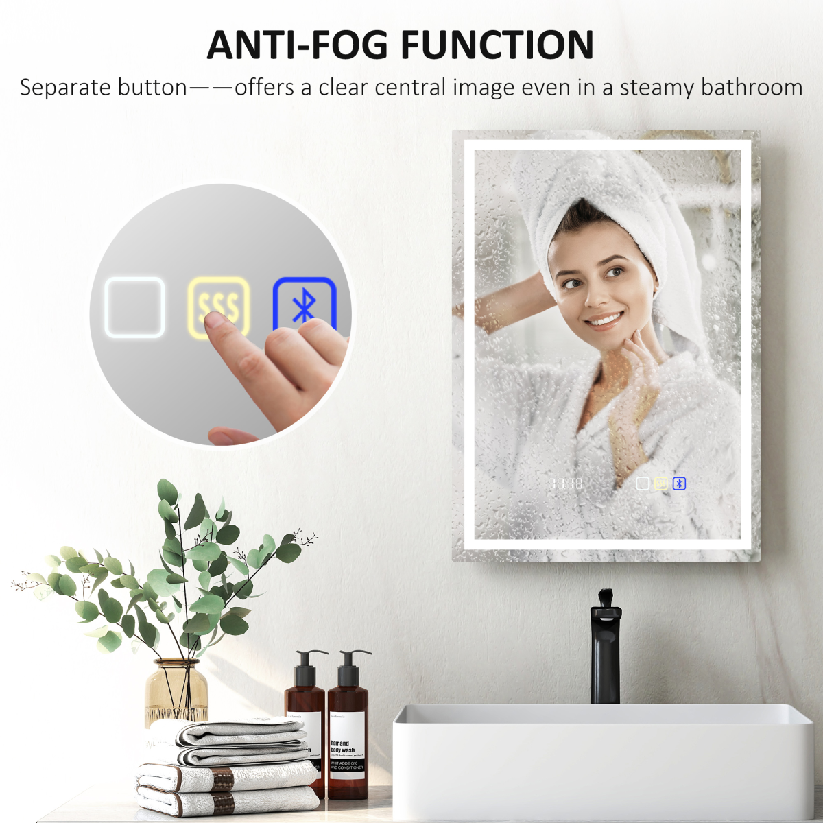 HOMCOM 500 x 700 mm Bathroom Mirror with Bluetooth Clock Lights Demister Pad