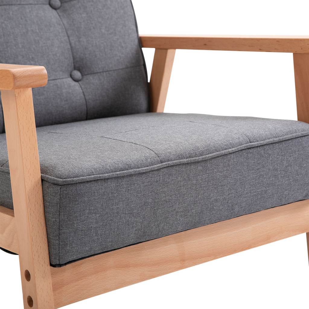 Retro Single Sofa Armchair Beech Wood Frame Padded Cushion Linen Fabric Grey