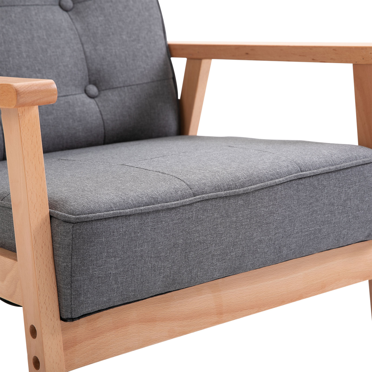 Retro Single Sofa Armchair Beech Wood Frame Padded Cushion Linen Fabric Grey
