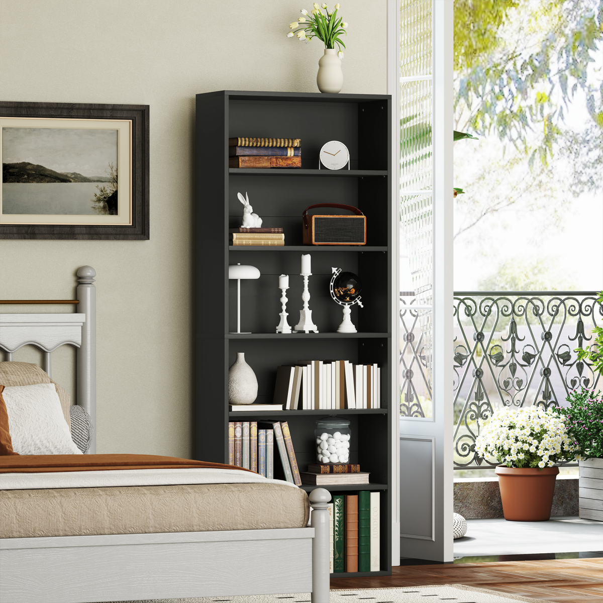 Elegant 6-Tier Adjustable Bookshelf - Stylish Black Freestanding Bookcase