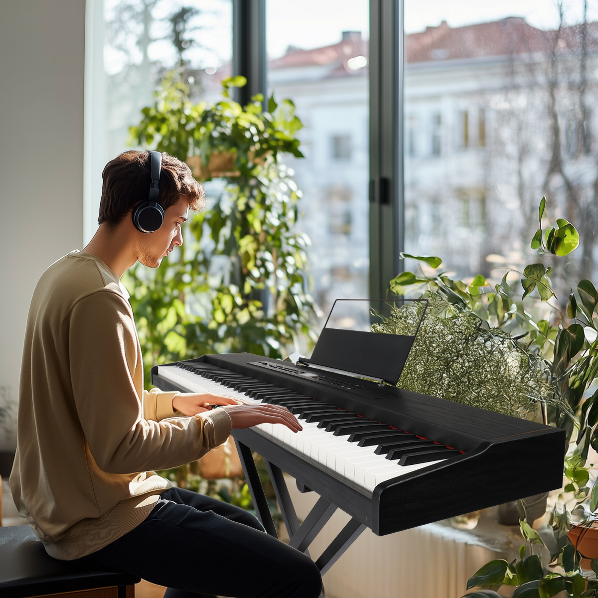 GPPD01-203 88 Key Semi-Weighted Standard Keyboards Digital Piano with Metal Stand, MIDI Bluetooth, Triple Pedals, Headphone and Other accessories for Piano beginner Black color