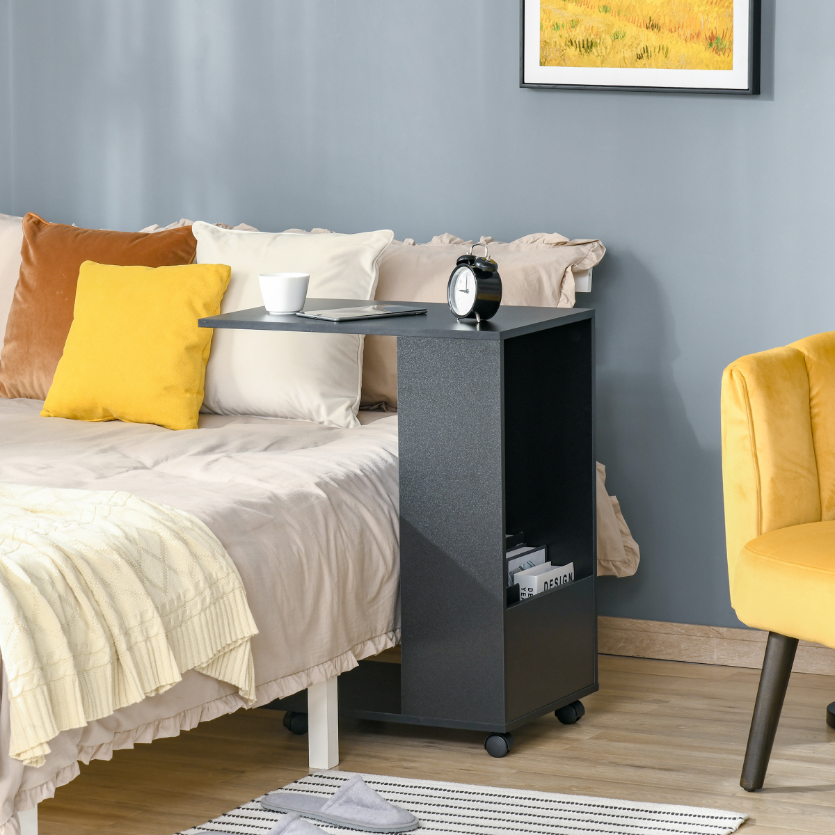Mobile Sofa Side Table for Laptop Coffee w/ Storage and Casters, Black