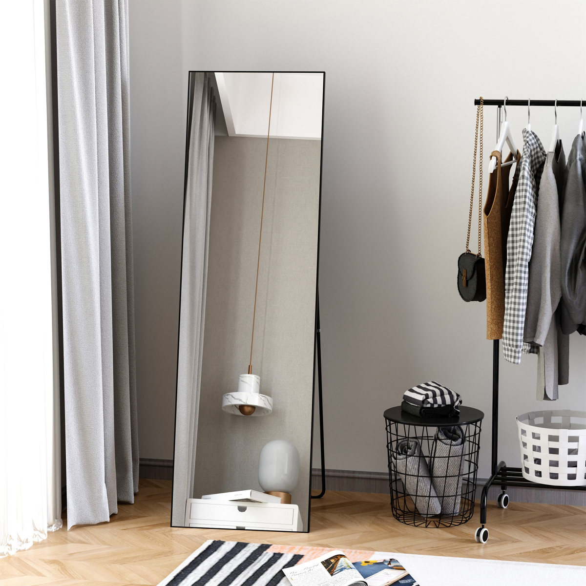 HOMCOM Full Length Mirror Floor Standing Wall-Mounted, Dressing Mirror Black