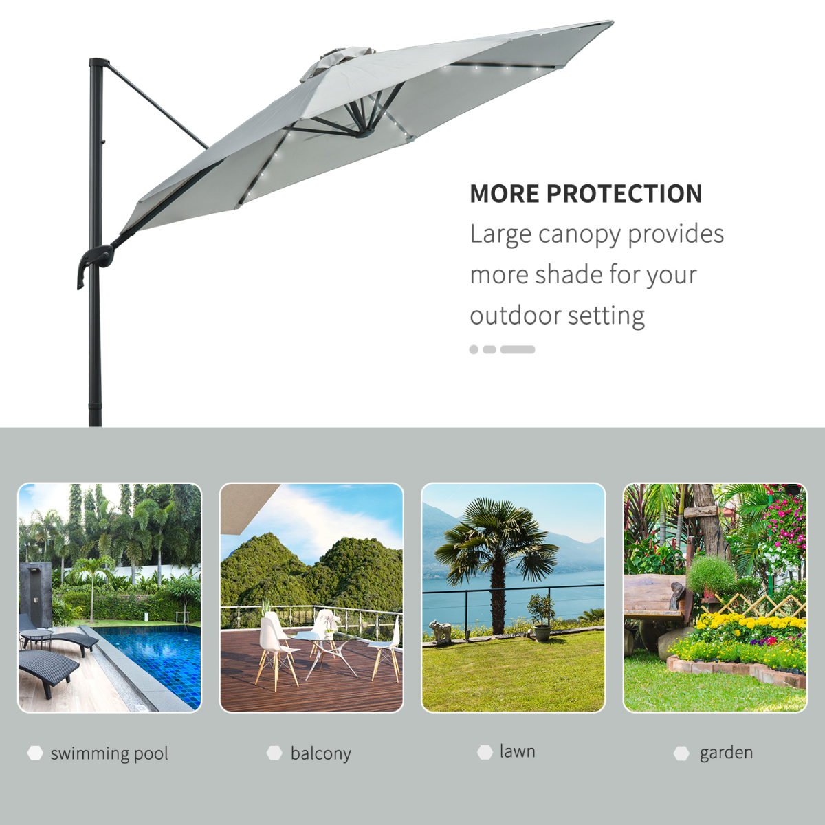 3m Cantilever Roma Parasol Patio Sun Umbrella with LED Solar Light, Grey
