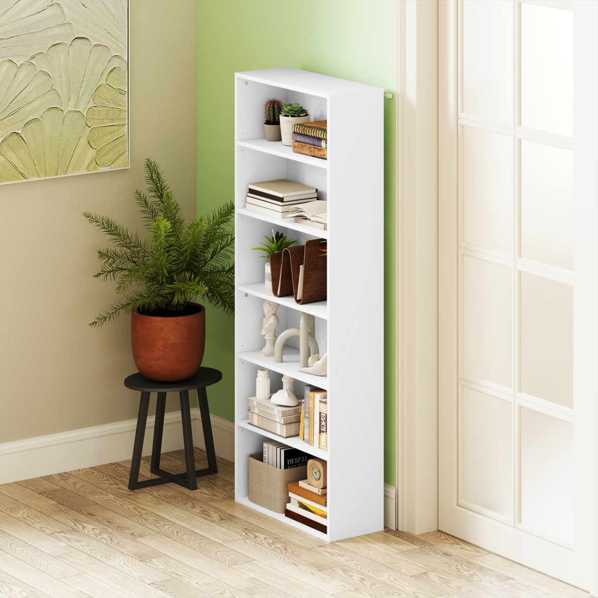 6-Tier Bookshelf, Freestanding Bookcase with Adjustable Shelves, White