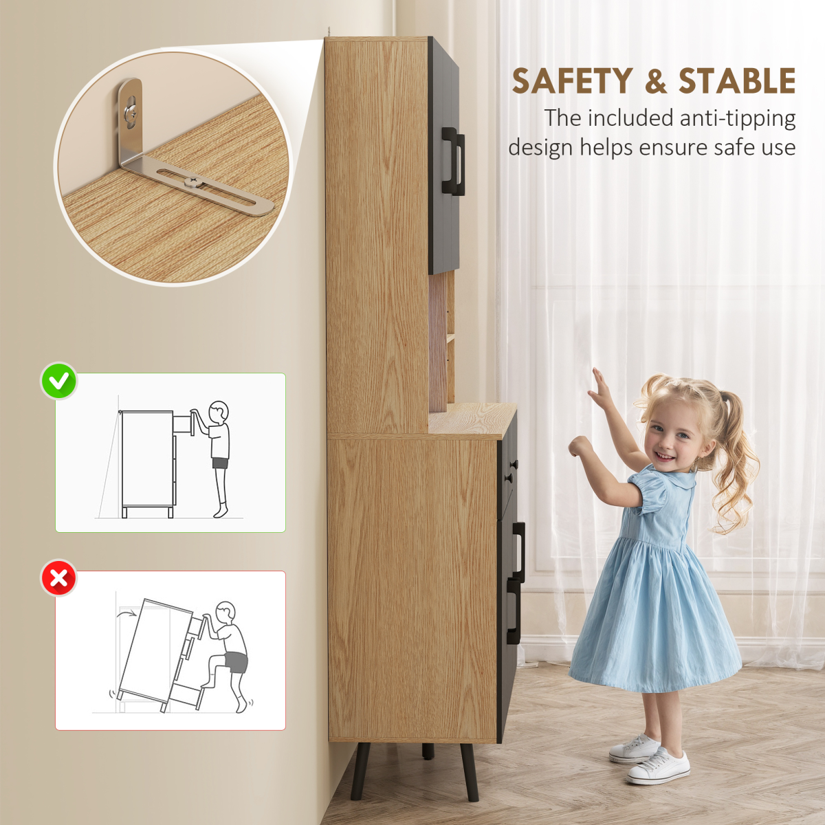 HOMCOM Tall Kitchen Cupboard with LED Lights and Adjustable Shelves, Oak