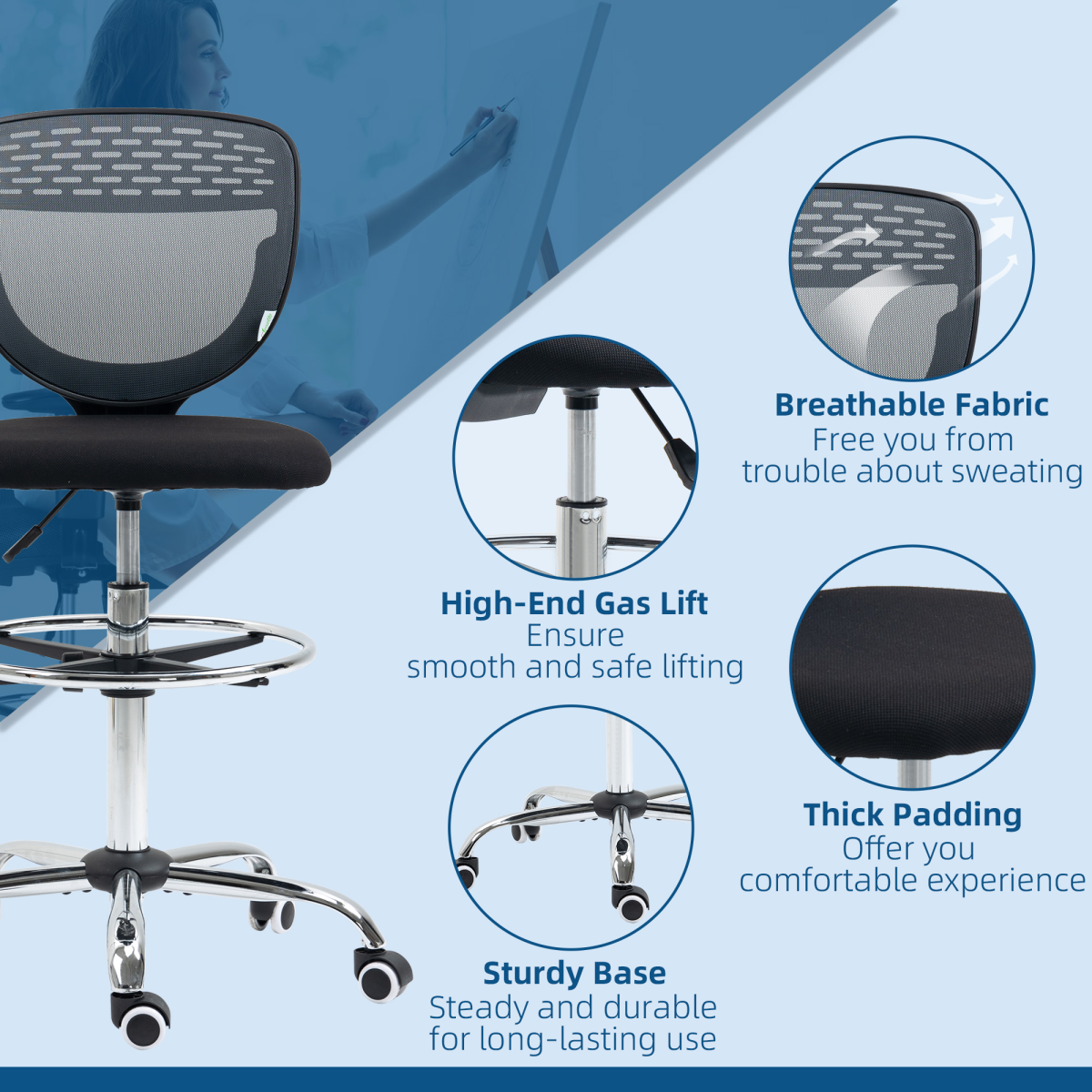 Vinsetto Adjustable Draughtsman Chair - Comfort & Support for Tall Offices