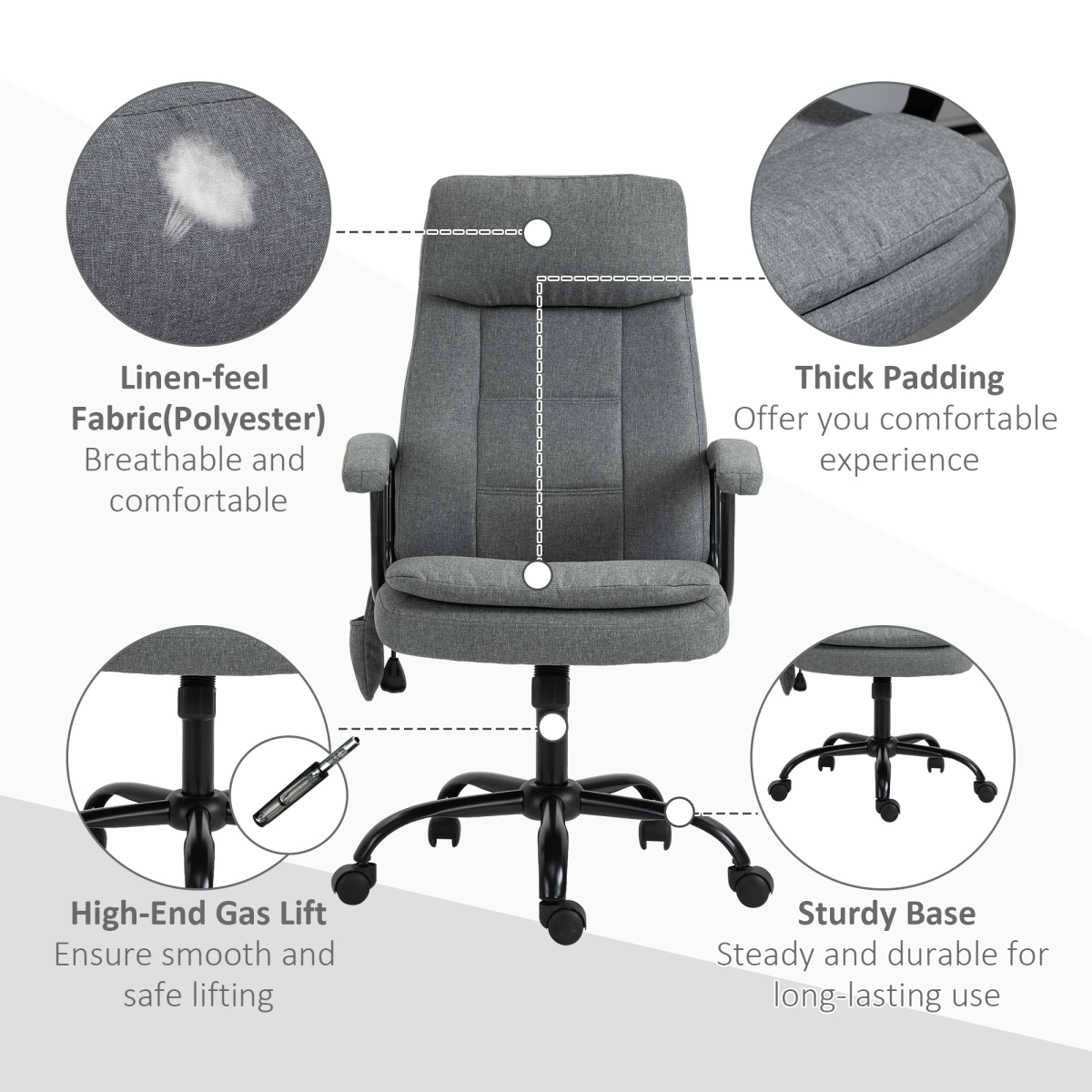 2-Point Massage Office Chair Linen-Look Fabric Adjustable Height Chair Grey