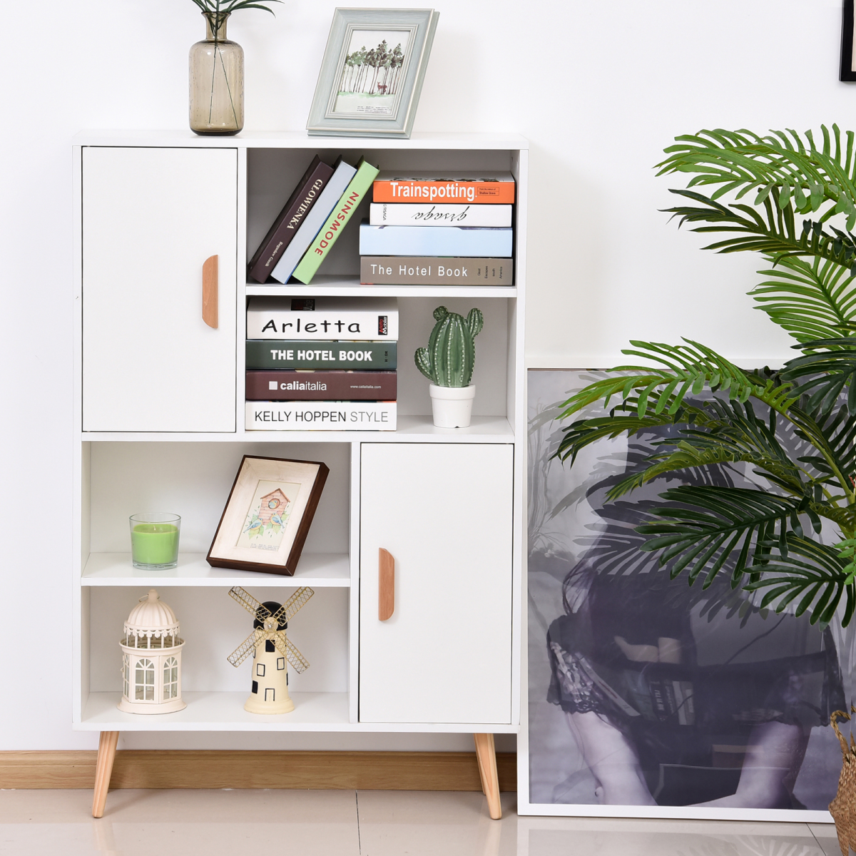 Elegant White Freestanding Bookcase with Dual Doors & Ample Storage Space
