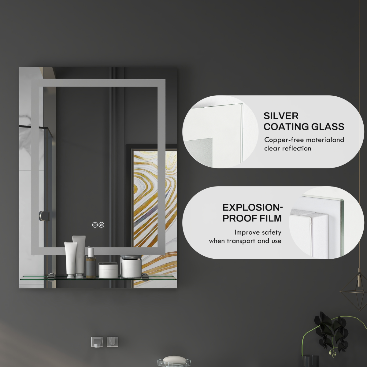 kleankin Dimmable Bathroom Mirror with LED Lights, 3 Colours, Defogging Film