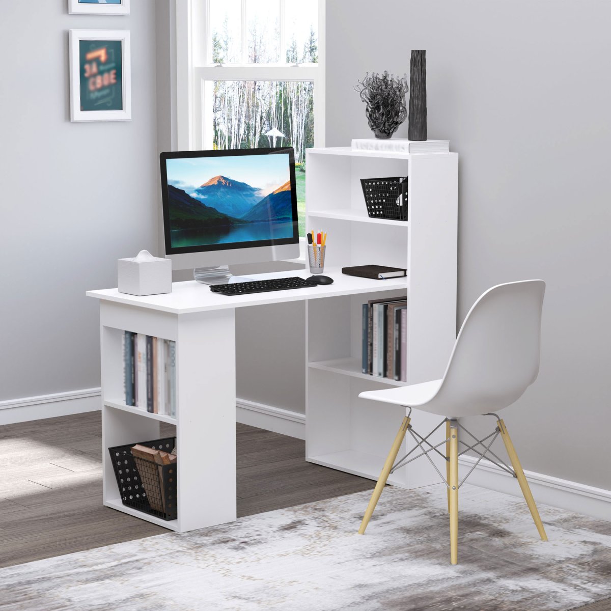 Modern White Computer Desk & Bookshelf Combo – Sleek Workstation Solution