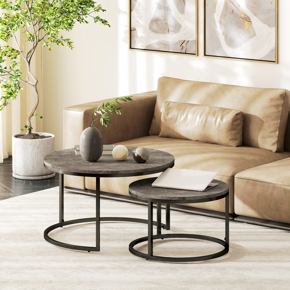 HOMCOM 2 Pcs Stacking Coffee Table Set Steel Frame Marble-Effect Top Foot Pads