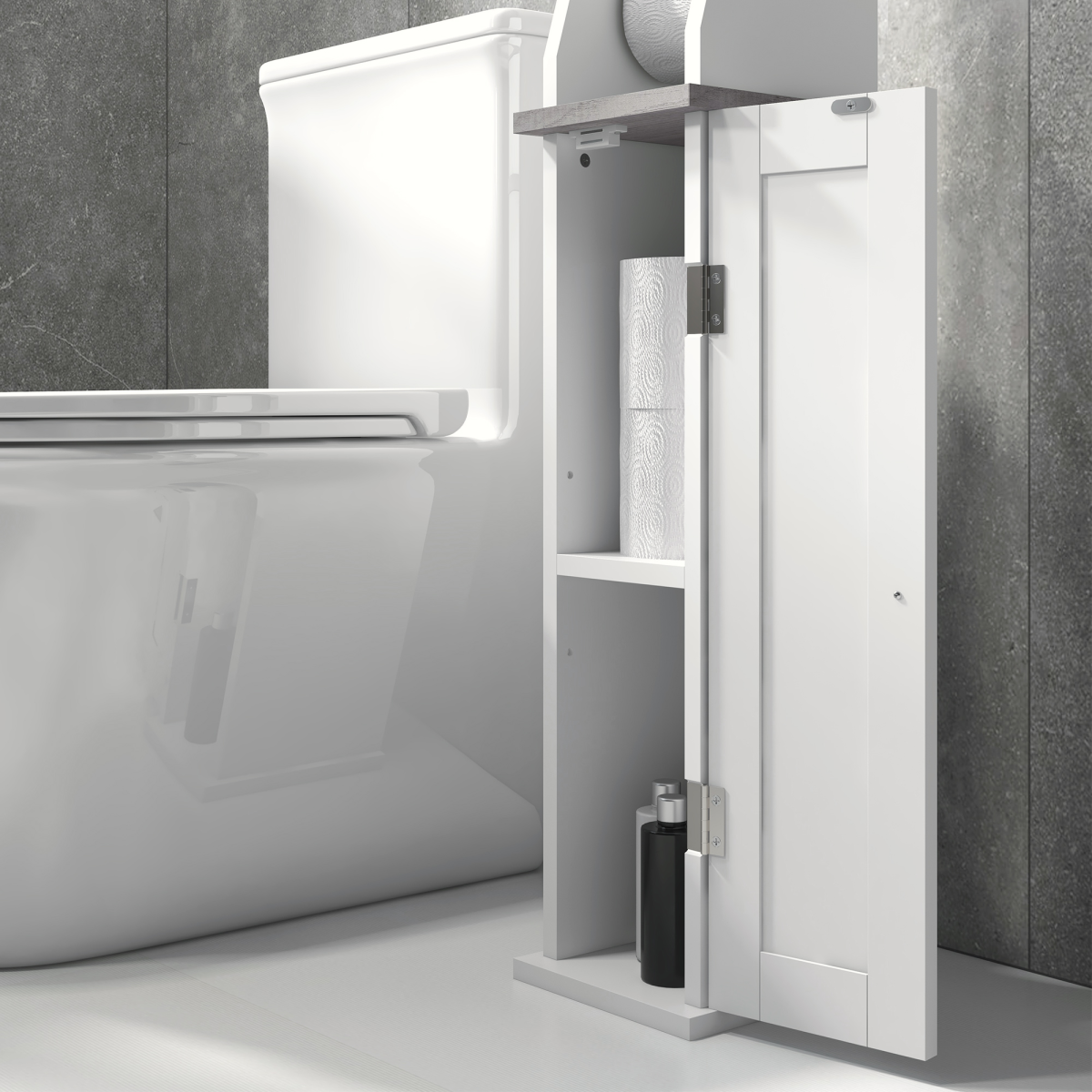 kleankin Slim Toilet Roll Storage Unit with Cupboard and Adjustable Shelf, White
