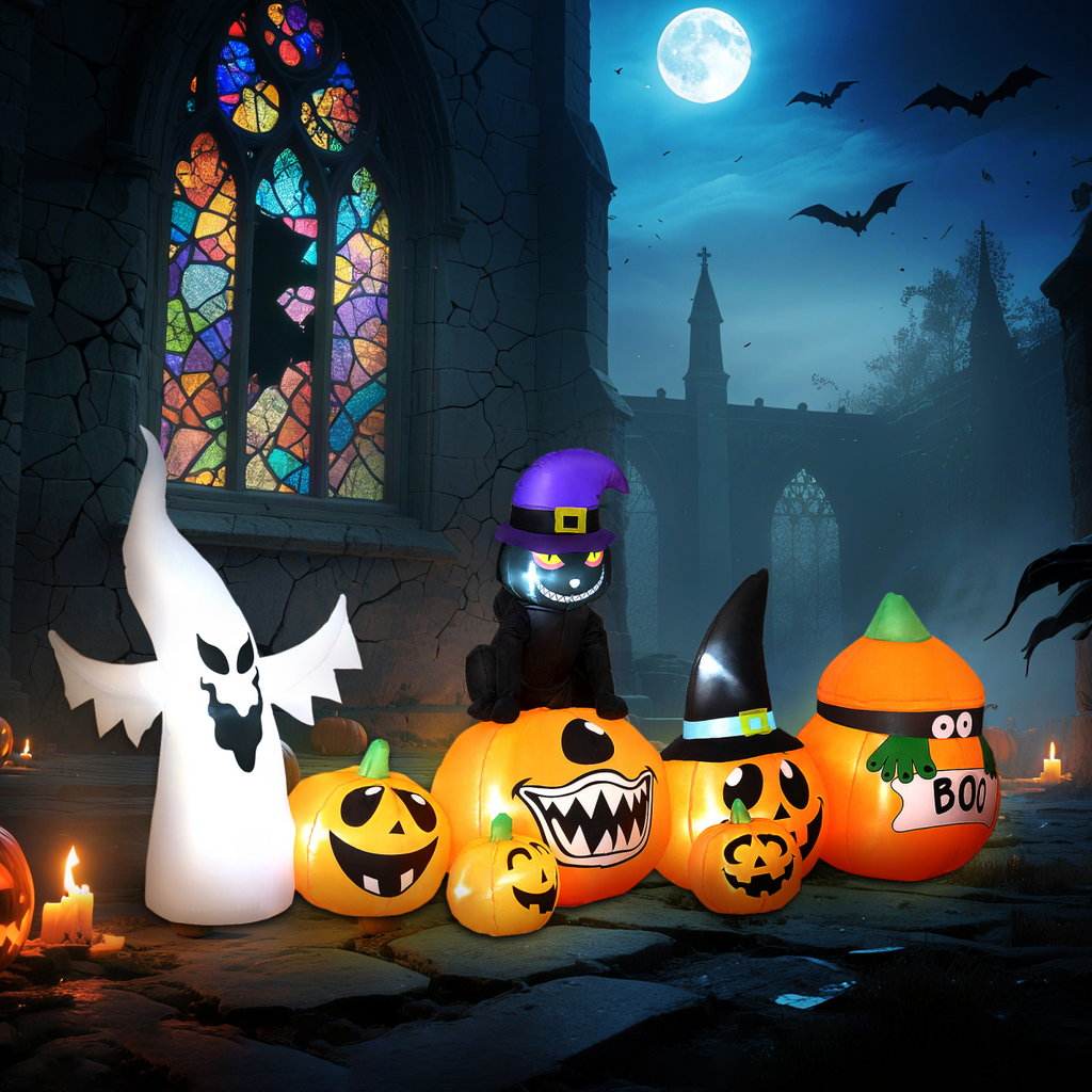 Outsunny 8 FT Blow Up Halloween Inflatables Pumpkin Ghost and Cat Combo