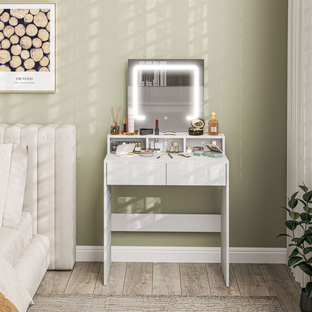 HOMCOM Dressing Table with Mirror, LED Lights, Drawers, for Bedroom, White