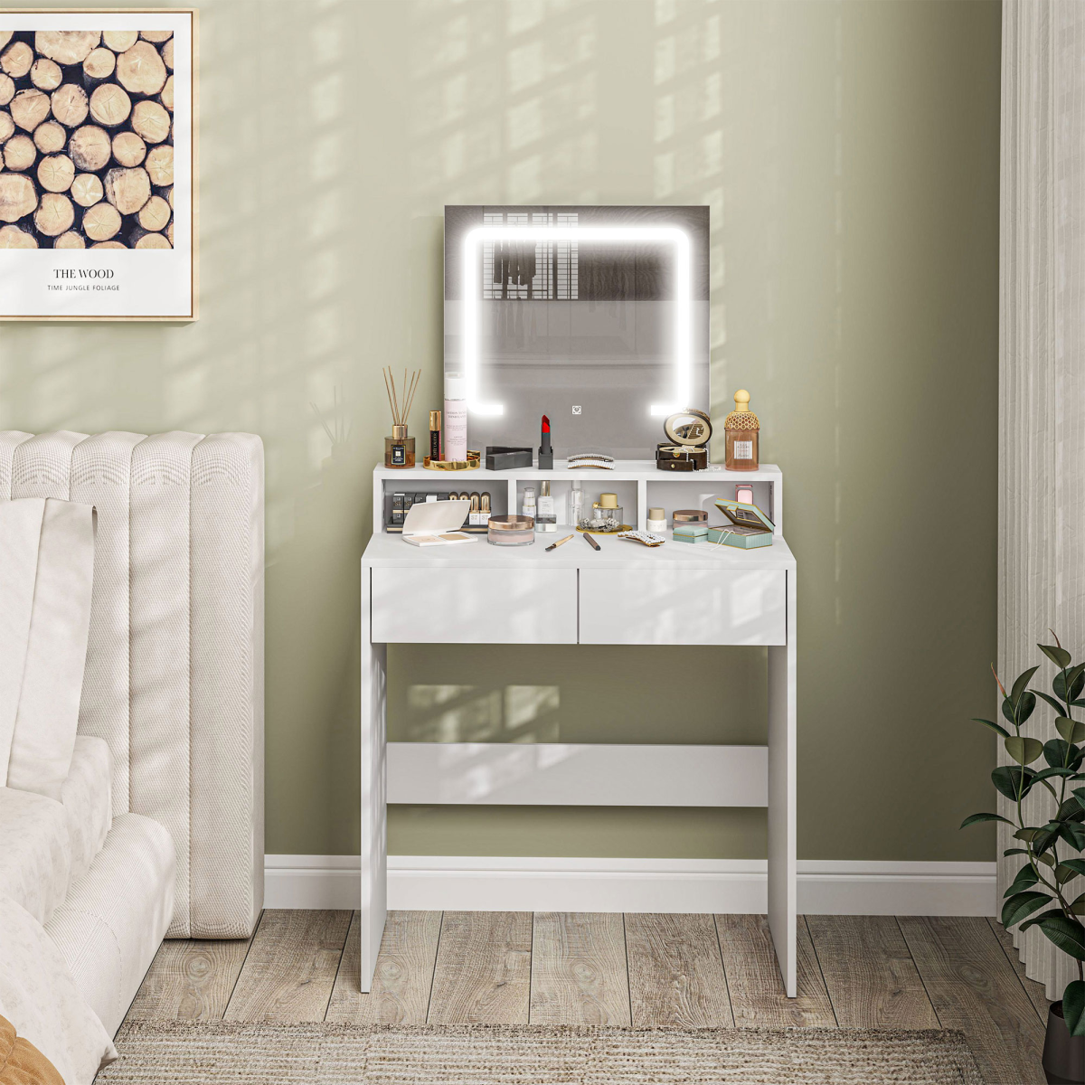 HOMCOM Dressing Table with Mirror, LED Lights, Drawers, for Bedroom, White