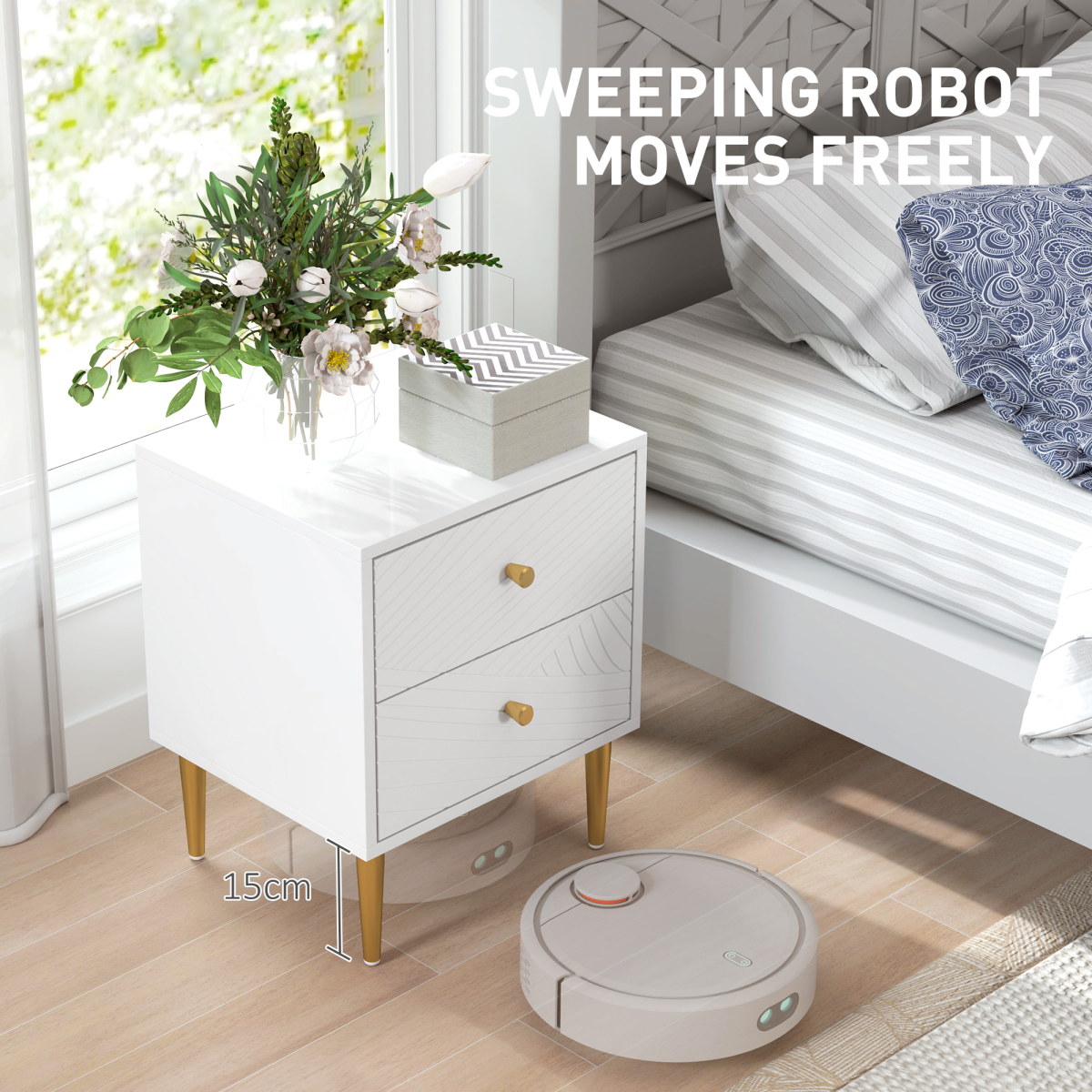 Elegant White Nightstand with Gold Handles & Storage Drawers