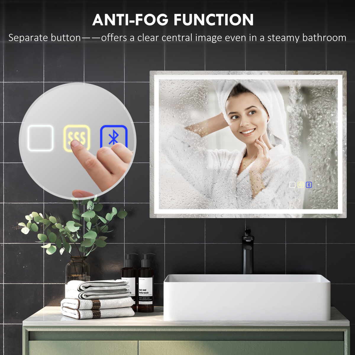 HOMCOM 600 x 800 mm Bathroom Mirror with Bluetooth Lights Demister Pad