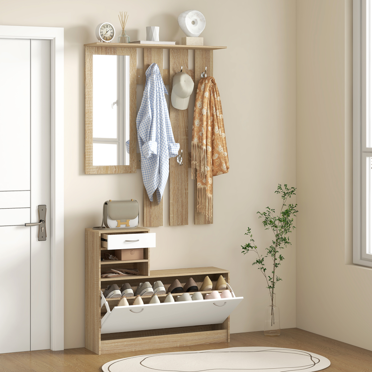 HOMCOM Hallway Furniture Set with Shoe Cabinet, Coat Rack and Mirror