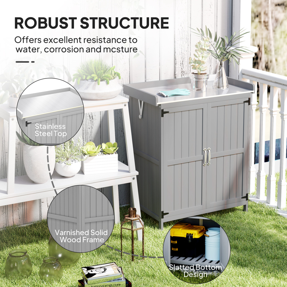 Sturdy Garden Storage Bench with Stainless Steel Top & Easy Access
