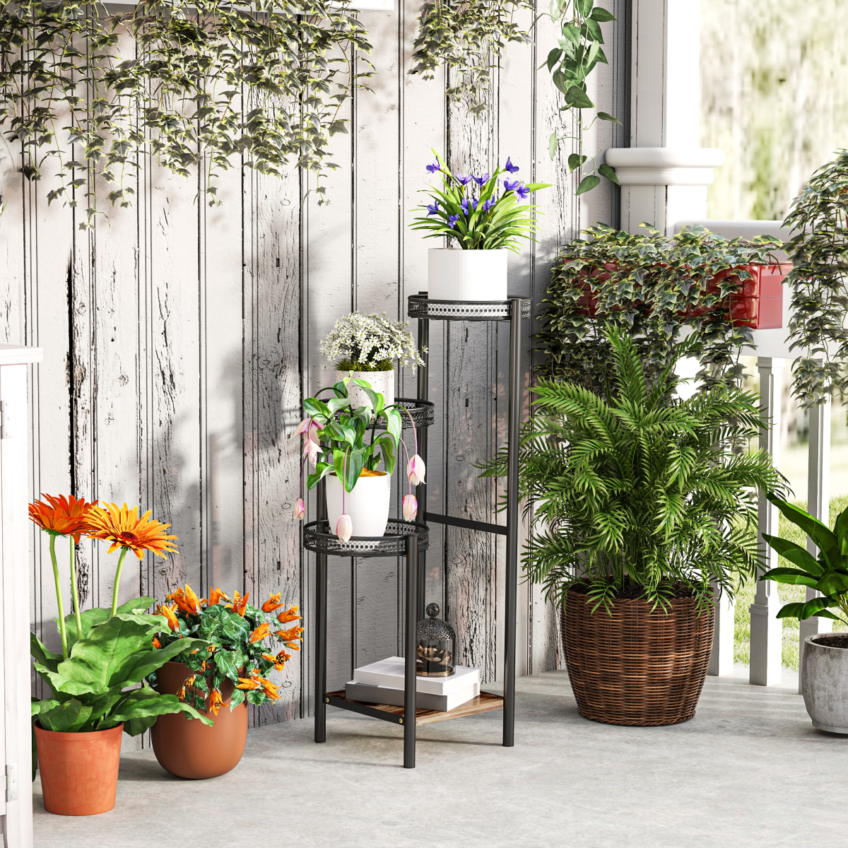 Outsunny 4 Tiered Plant Pot Stand, Metal Plant Shelf for Living Room