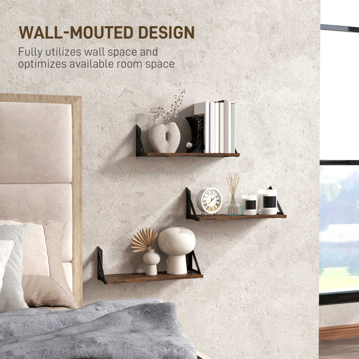 HOMCOM Set of 3 Vintage Wall Shelves for Living Room Rustic Brown