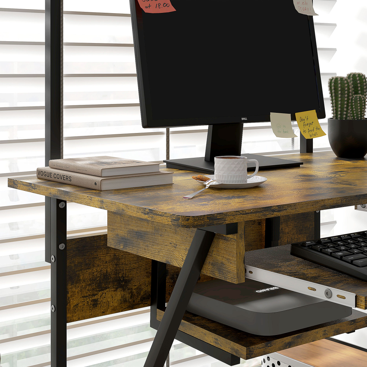 HOMCOM Rustic Brown Rolling Computer Desk with Keyboard Tray & Storage