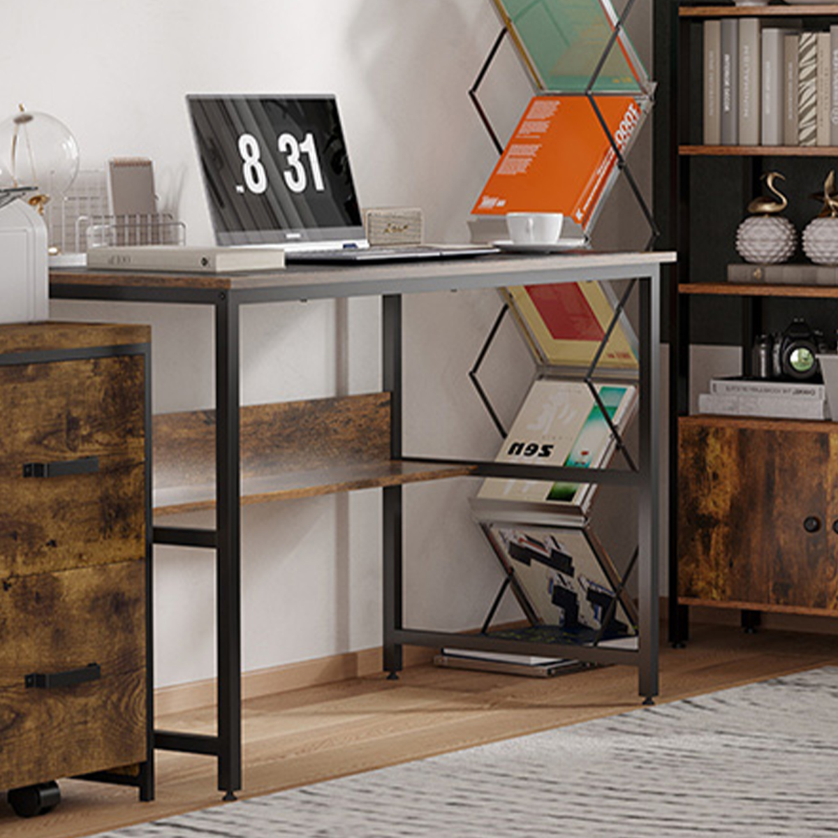 2-Tier Writing Desk Metal Frame Smooth Shelves Storage Shelf Rustic Brown