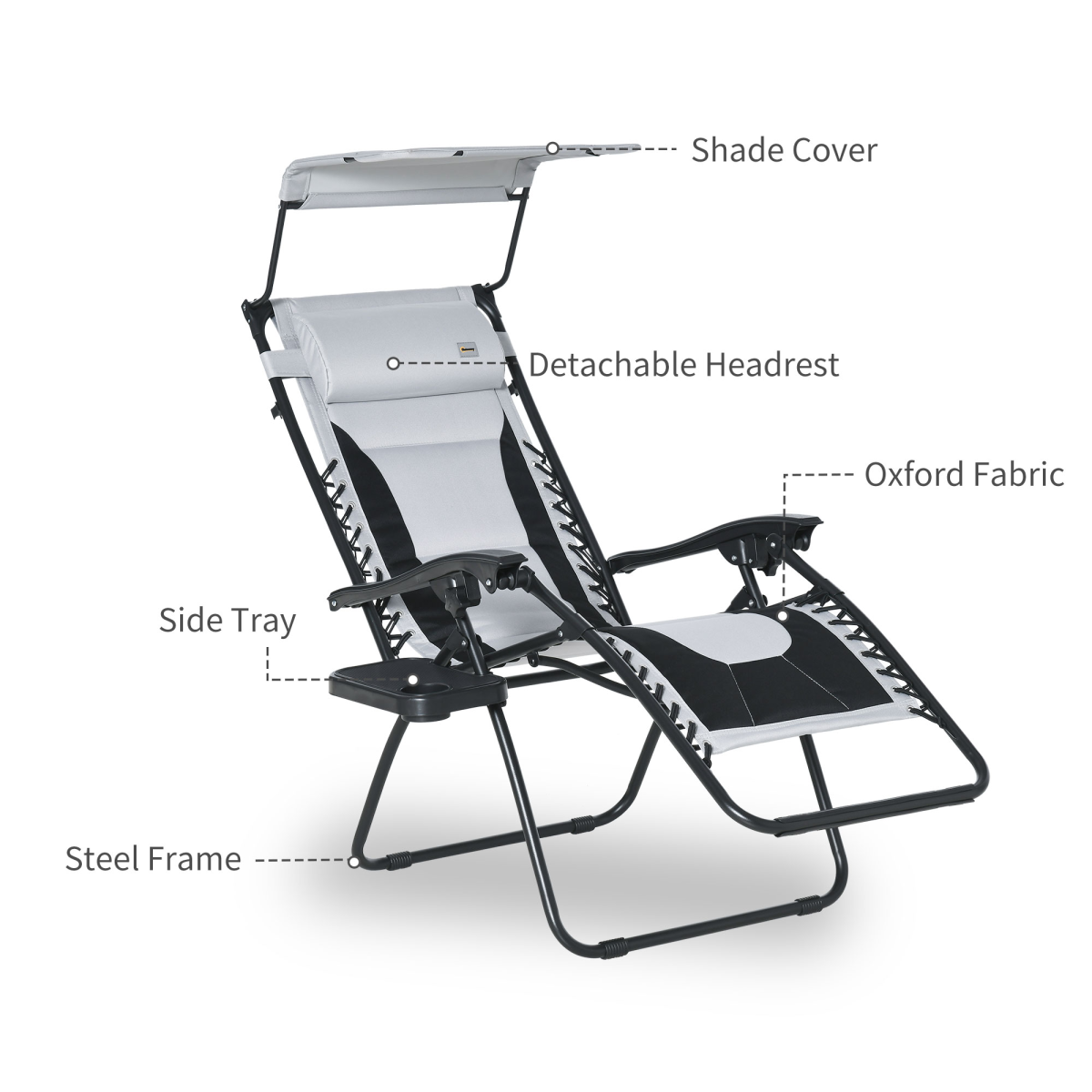 Zero Gravity Lounger Chair, Shade Cover, Cup Holder Headrest Grey