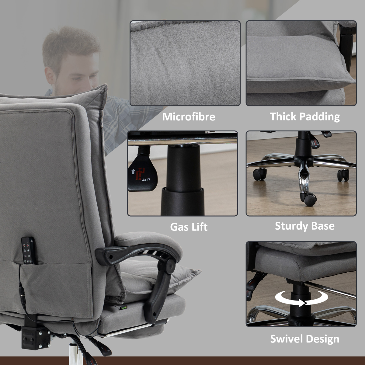 Vinsetto Microfibre Vibration Massage Office Chair with Heat, Footrest, Grey