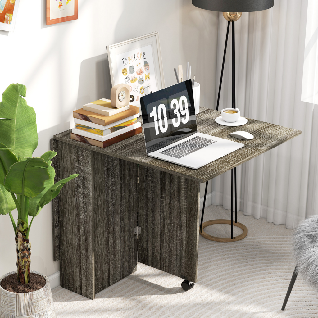 HOMCOM Mobile Drop Leaf Dining Table Folding Desk w/ 2 wheels Storage Shelves