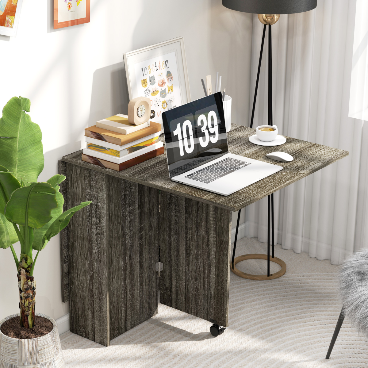 HOMCOM Mobile Drop Leaf Dining Table Folding Desk w/ 2 wheels Storage Shelves
