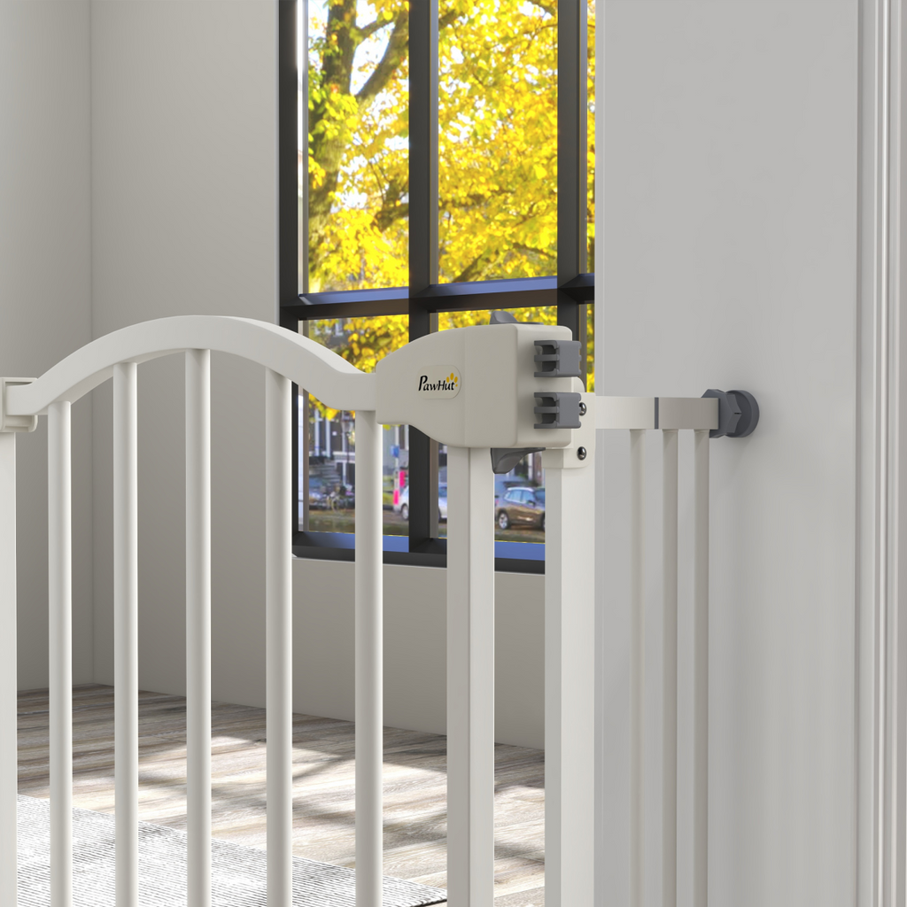 PawHut 74-100cm Adjustable Metal Pet Gate Safety Barrier w/ Auto-Close White