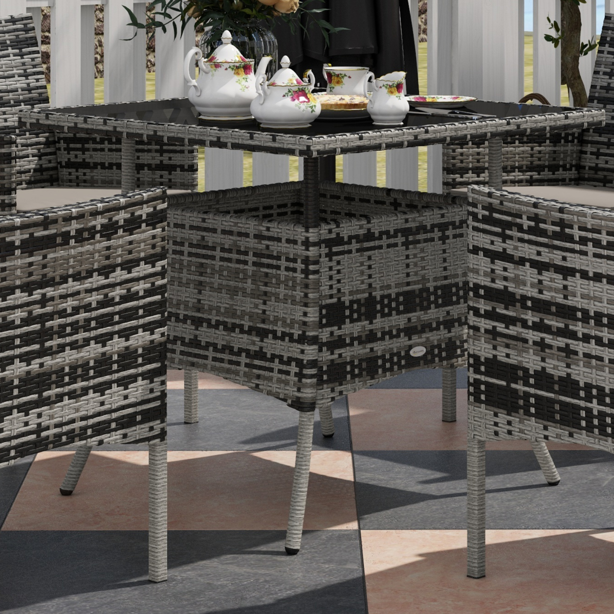Outsunny 4 Seater Rattan Garden Furniture Set w/ Tempered Glass Tabletop - Grey