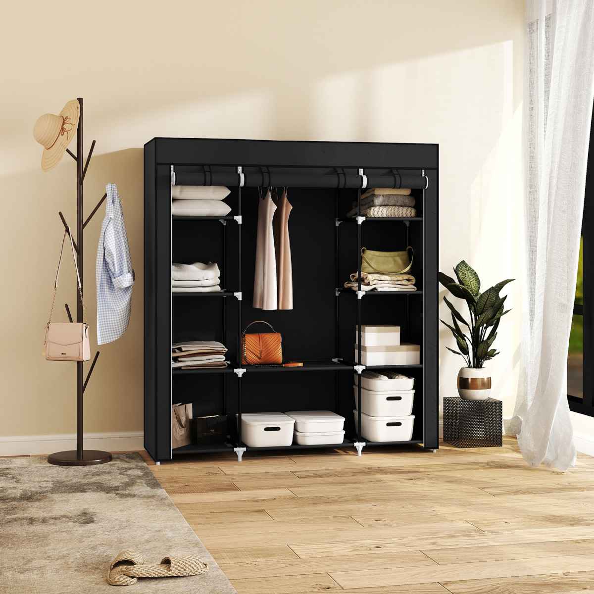Fabric Wardrobe Portable Wardrobe with 10 Shelves 1 Hanging Rail Black