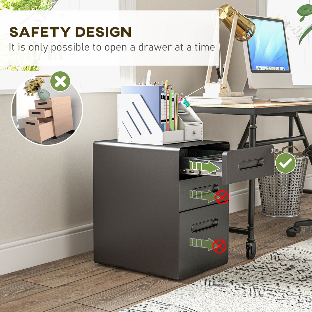 3 Draw Modern Steel Filing Cabinet w/ 4 Wheels Lock Pencil Box Black Vinsetto