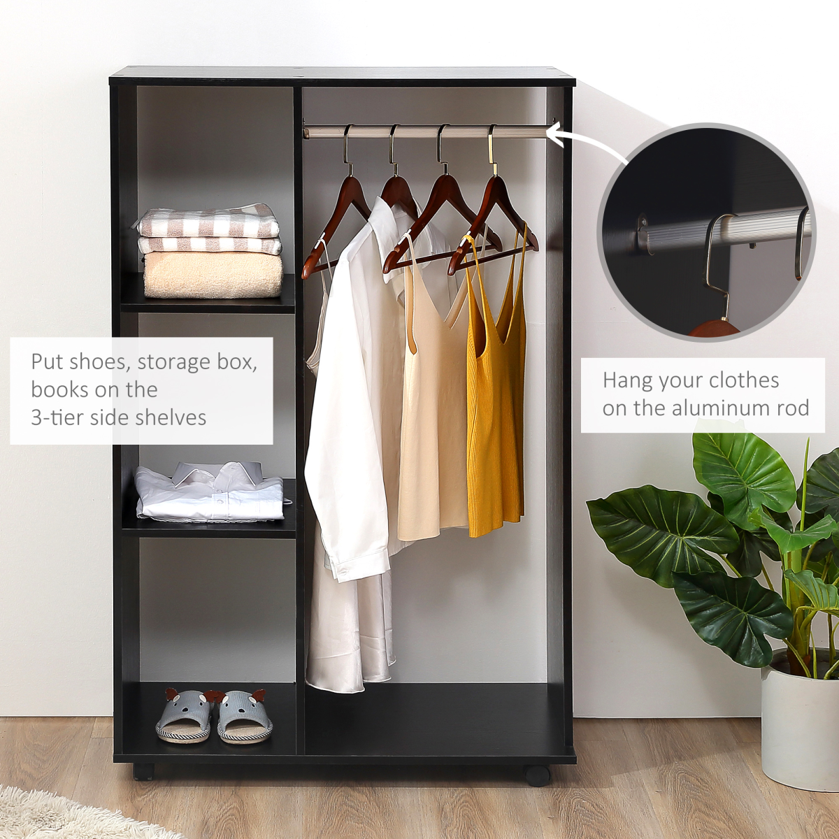 Rolling Open Wardrobe Hanging Rail Storage Shelves for Clothes, Black