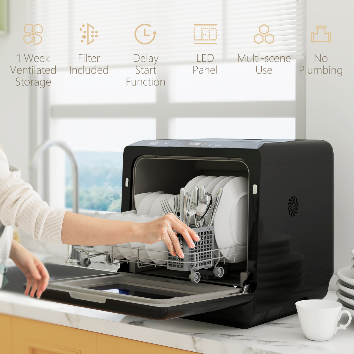 HOMCOM Countertop Dishwasher with Dual Water Supply and 6 Programs, Black