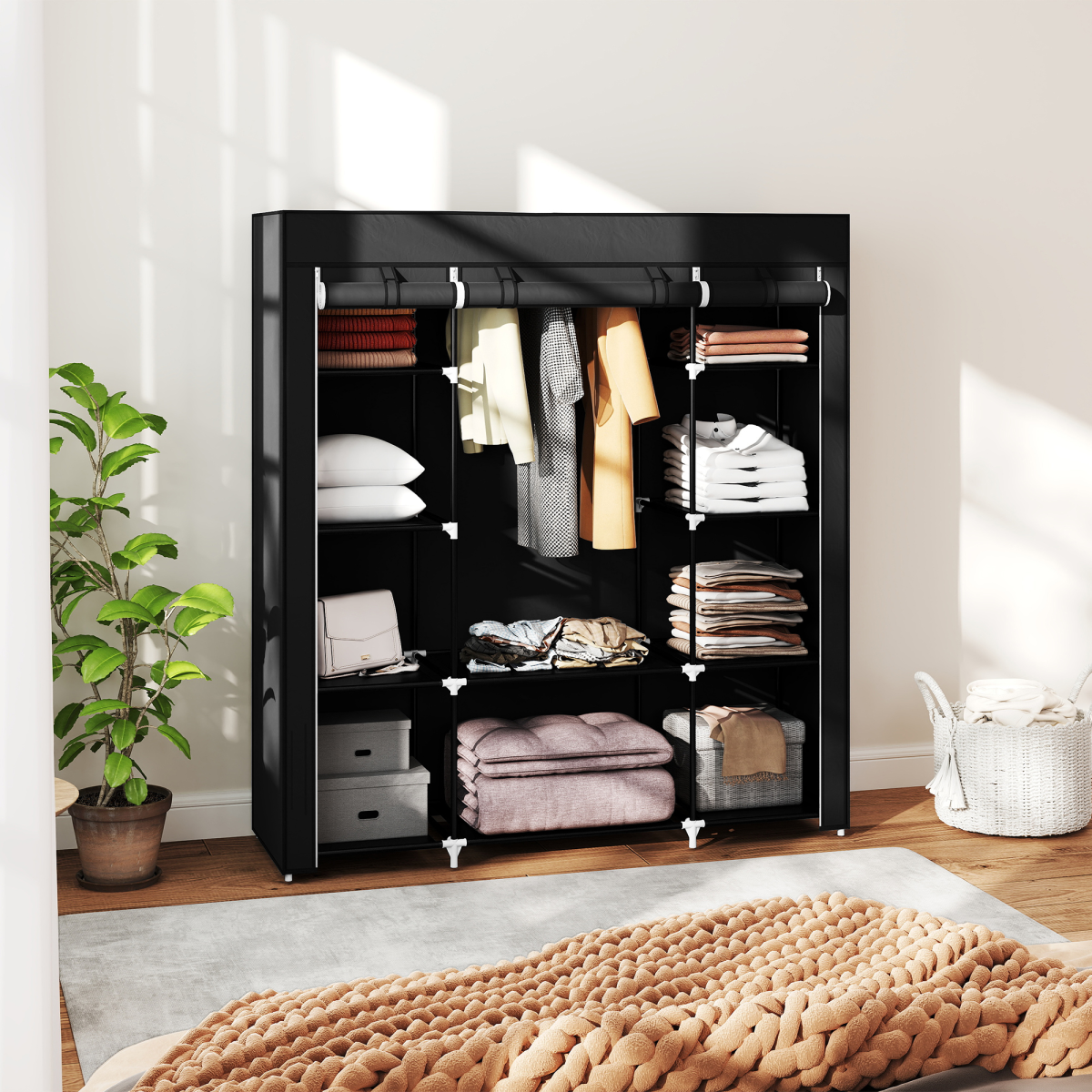 Fabric Wardrobe Portable Wardrobe with 10 Shelves 1 Hanging Rail Black