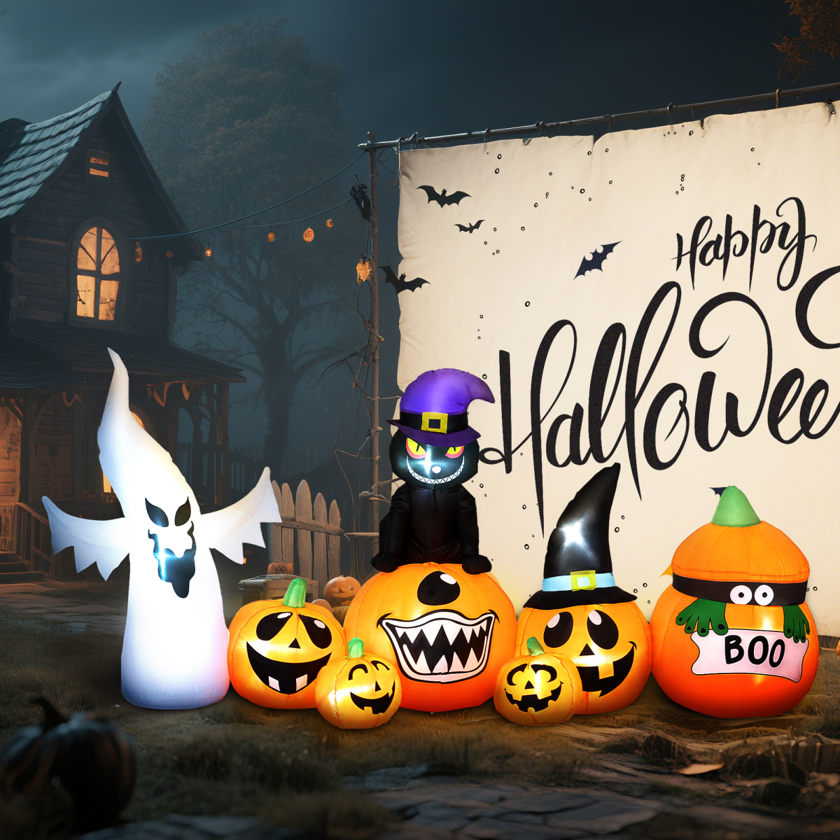 Outsunny 8 FT Blow Up Halloween Inflatables Pumpkin Ghost and Cat Combo