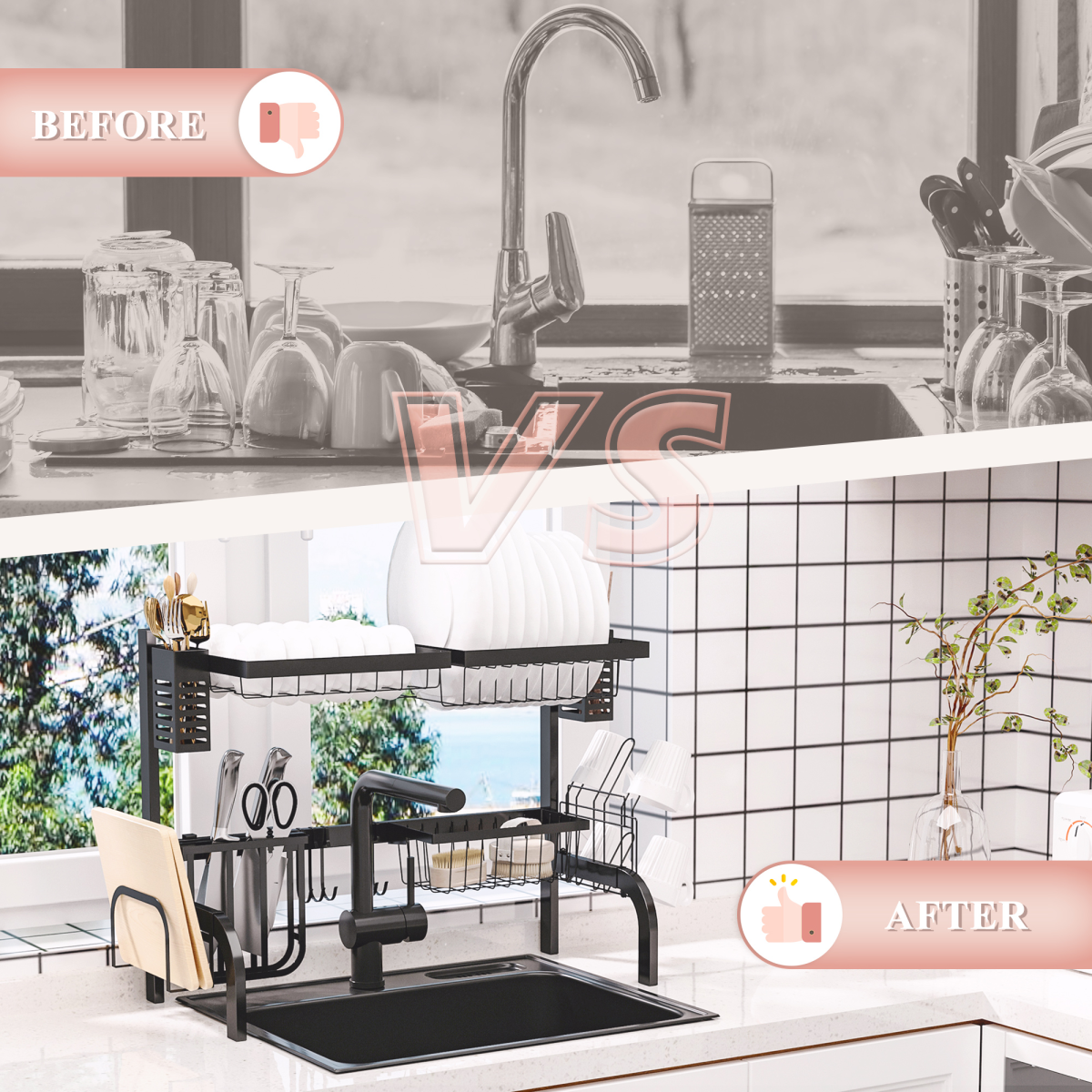HOMCOM Over The Sink Dish Drainer Rack, 2 Tier Dish Rack for Kitchen, Black