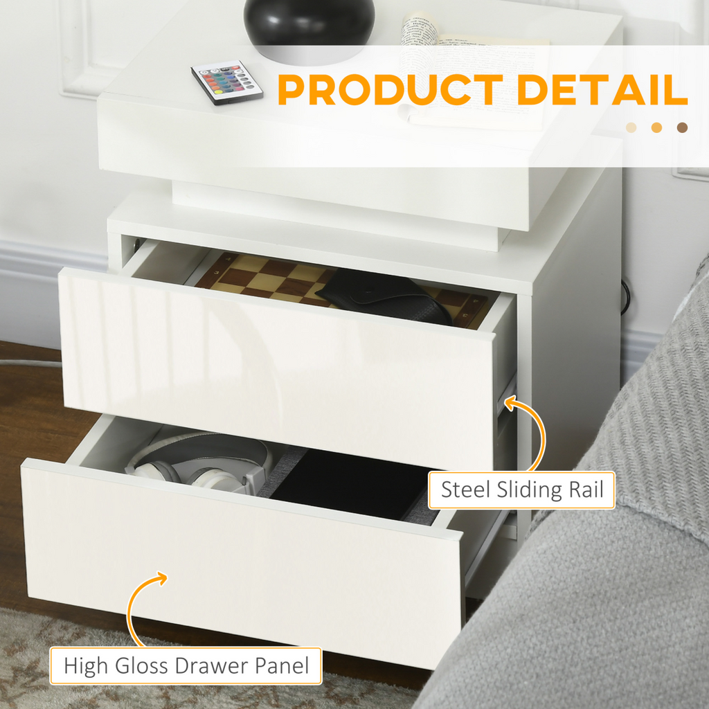 HOMCOM White Bedside Table, High Gloss Front Nightstand w/ LED Light, 2 Drawers