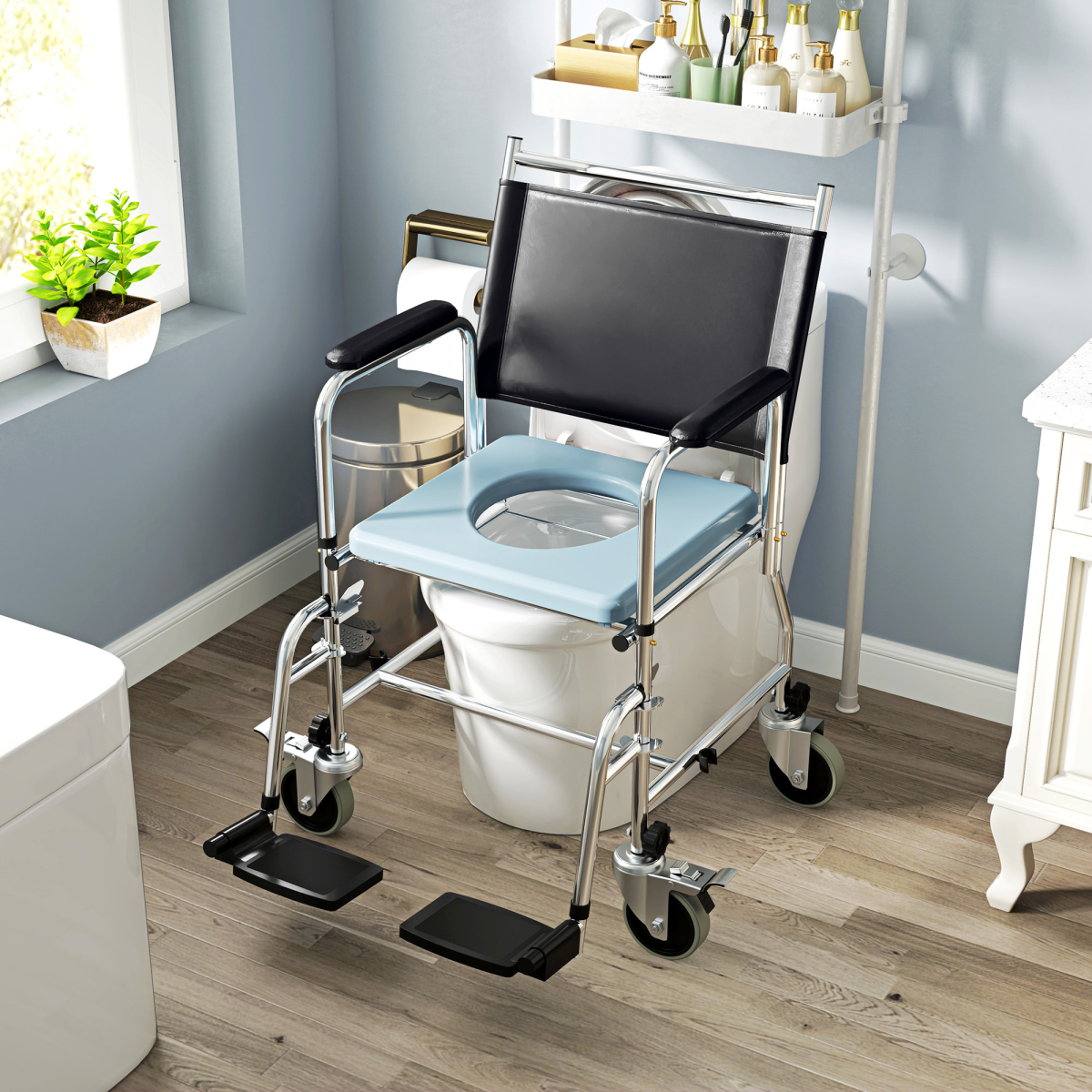Versatile Commode Shower Chair Wheelchair with Footrest for Comfort