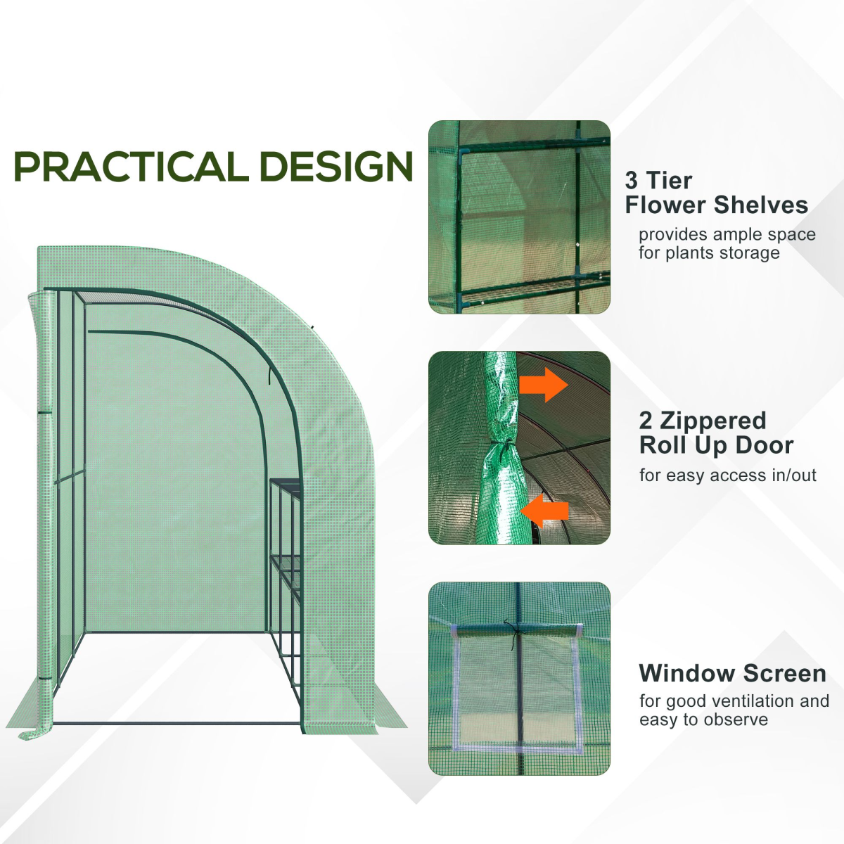 Outsunny 300cm Walk-In Greenhouse with PE Cover & 3-Tier Shelving - Green