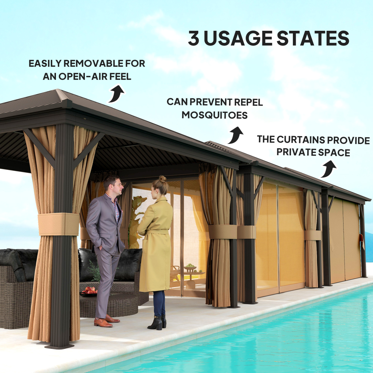 Outsunny 3.6 x 3(m) Metal Garden Hardtop Gazebo with Screened Curtain Brown