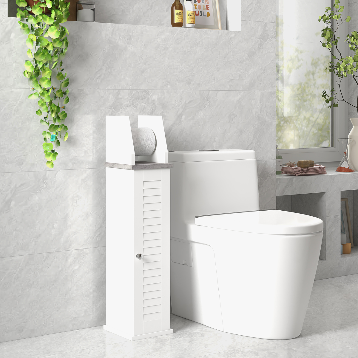 kleankin Slim Toilet Roll Storage Unit with Cupboard and Adjustable Shelf, White