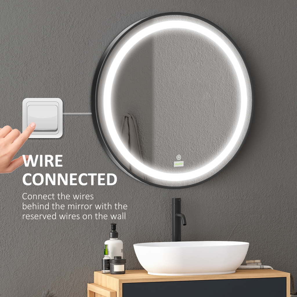 LED Smart Bathroom Mirror Wall Mounted Round Vanity Mirror w/ Lights, Black