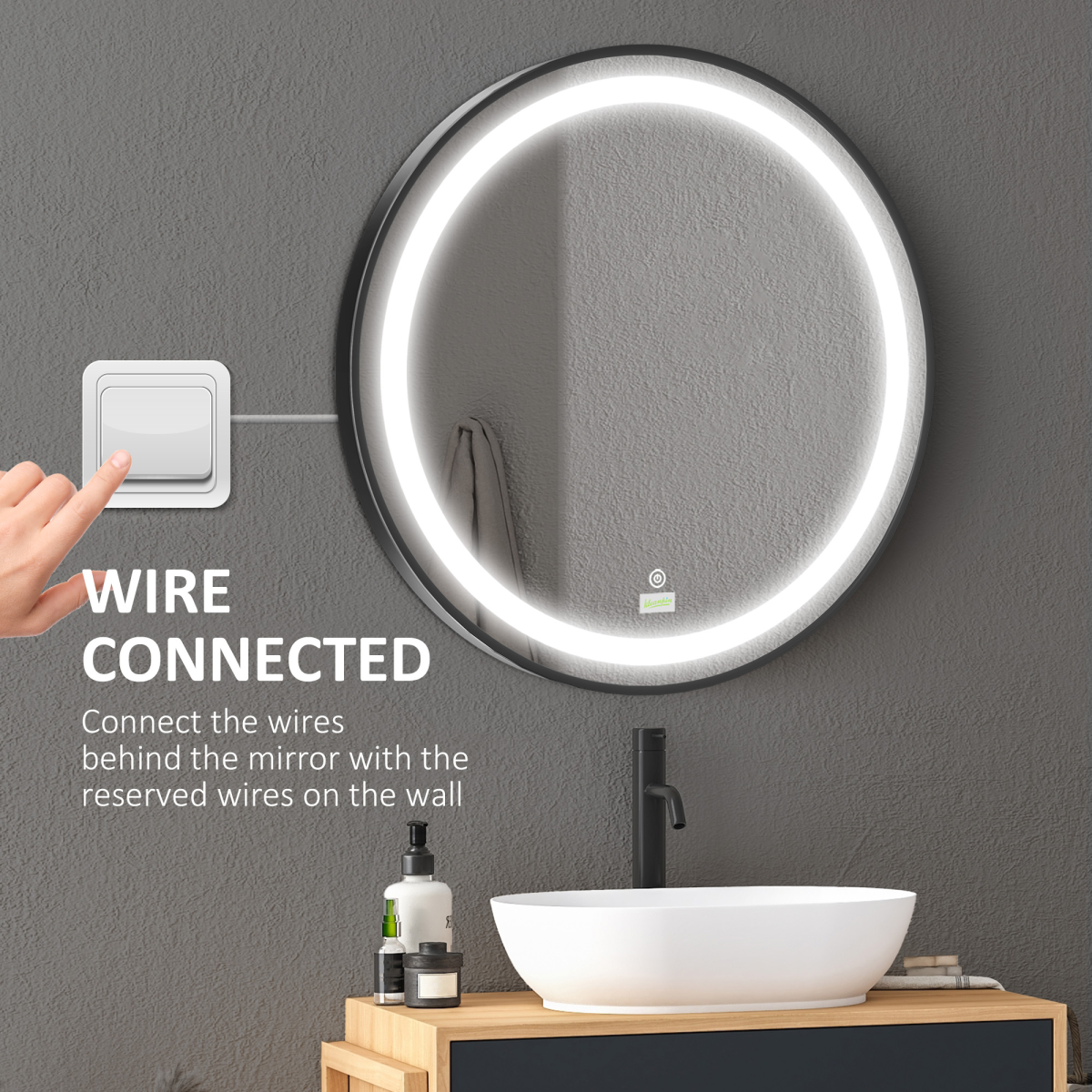 LED Smart Bathroom Mirror Wall Mounted Round Vanity Mirror w/ Lights, Black