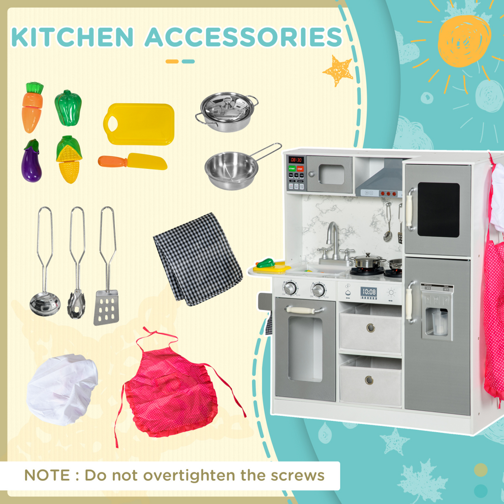 AIYAPLAY Toy Kitchen Playset with Lights, Sounds, Apron, Chef Hat - White
