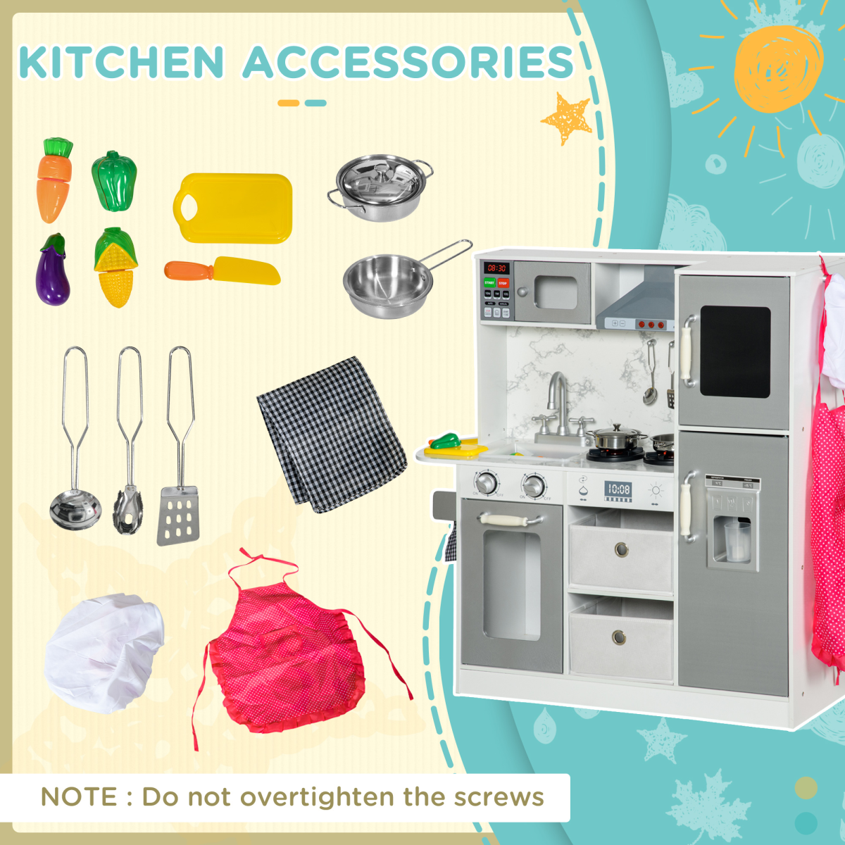 AIYAPLAY Toy Kitchen Playset with Lights, Sounds, Apron, Chef Hat - White